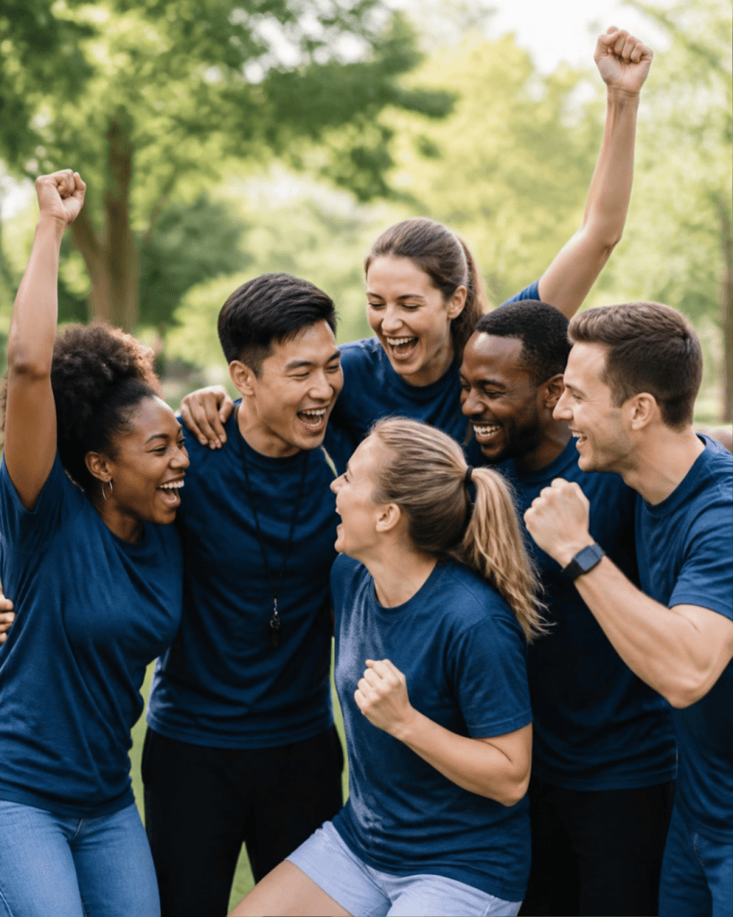 Équipe célébrant une victoire lors d’une journée de cohésion